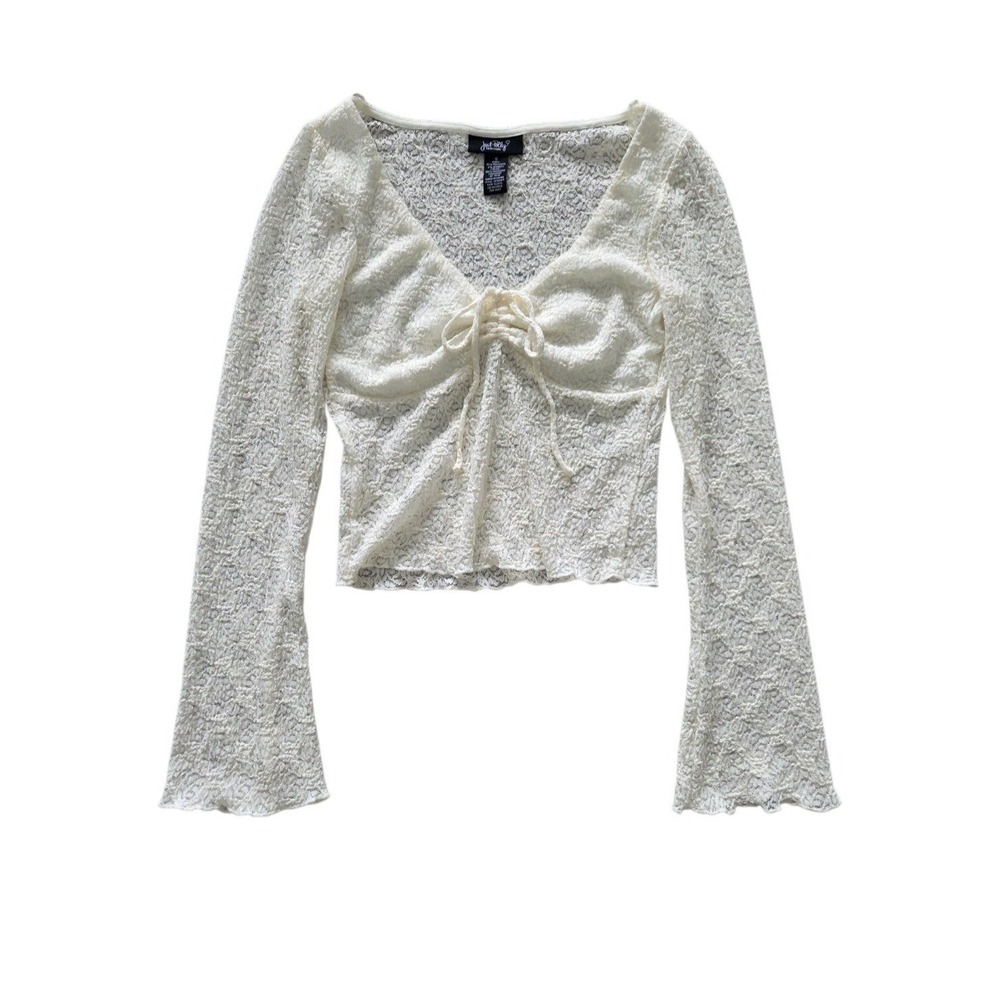 Just Polly‎ Ivory Lace Bell Sleeve Top S Cropped Tie Front Coquette Sheer Fairy